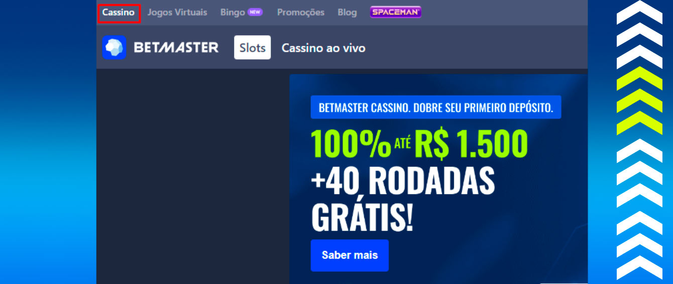 Acesse o site da Betmaster e clique em "Cassino"